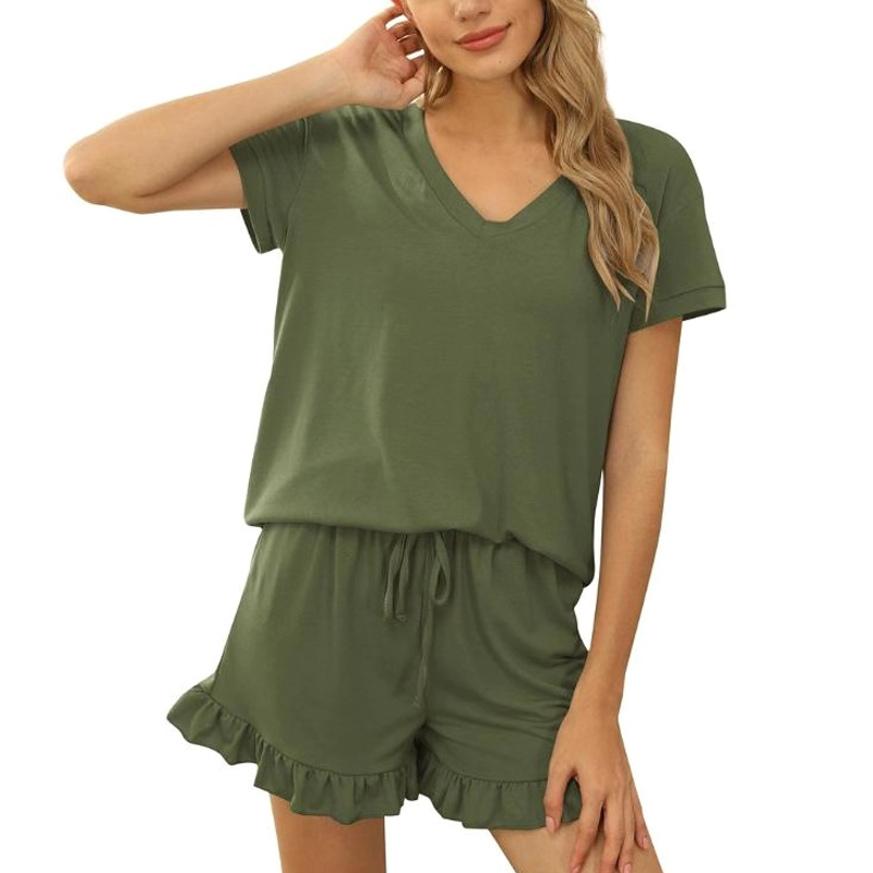 summer solid color V-neck tie casual shorts set NSSUO61656