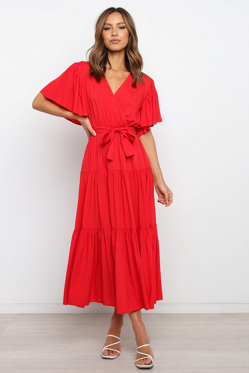 Nihaostyles clothing wholesale v-neck hot style solid color short-sleeved long dress NSOUY65678