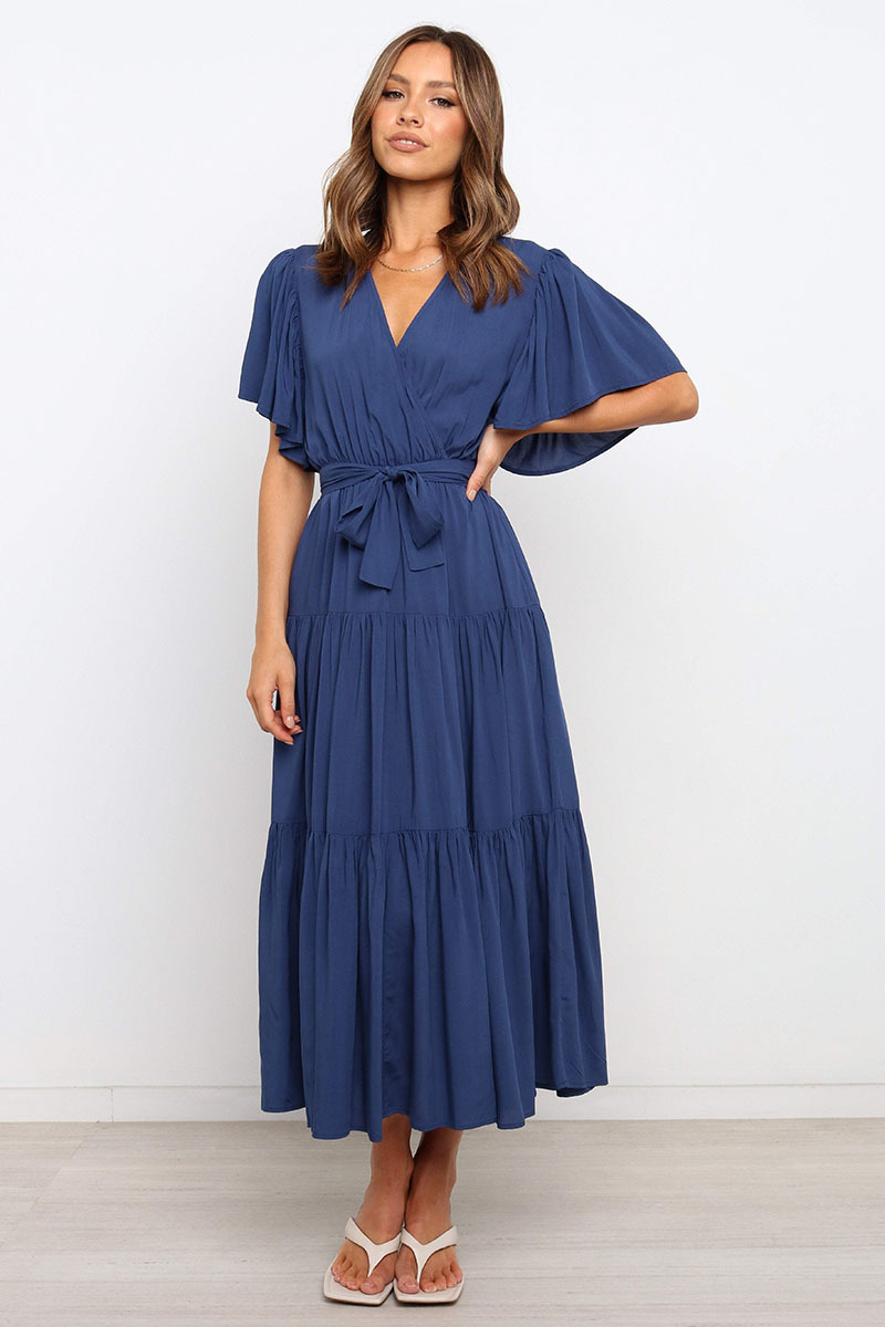 Nihaostyles clothing wholesale v-neck hot style solid color short-sleeved long dress NSOUY65678