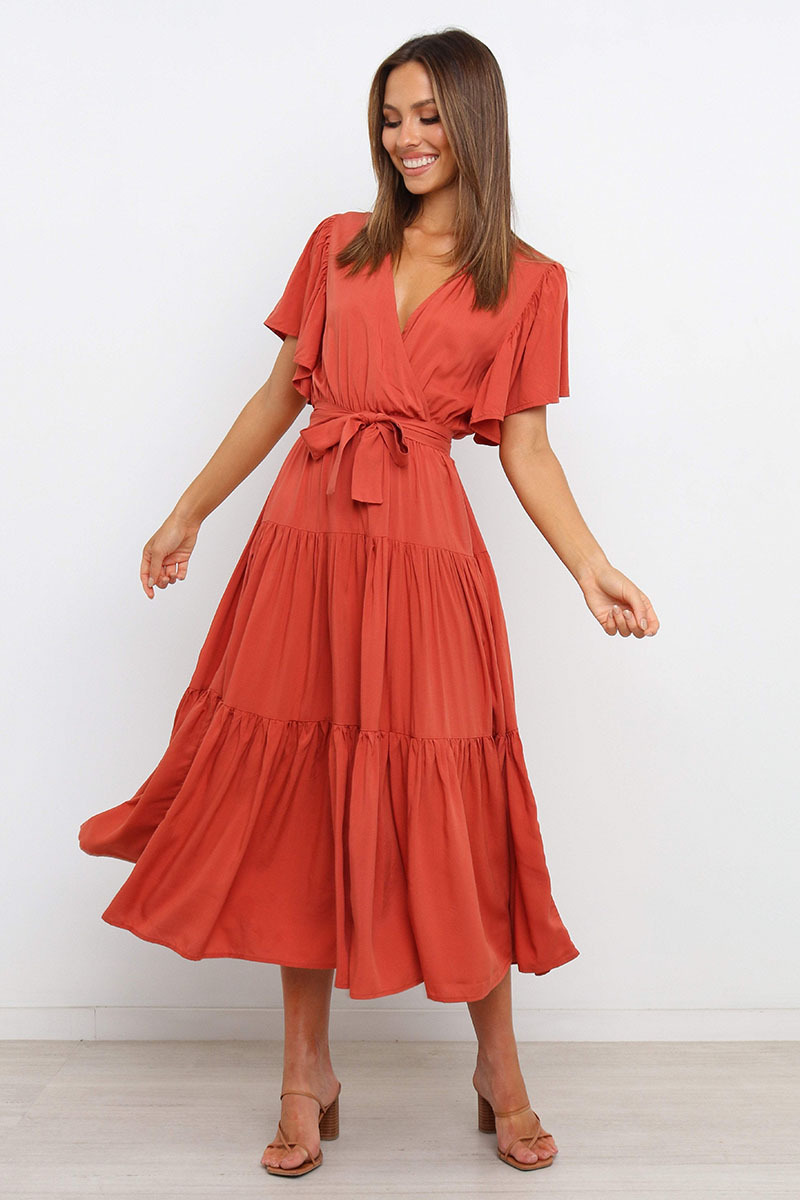 Nihaostyles clothing wholesale v-neck hot style solid color short-sleeved long dress NSOUY65678