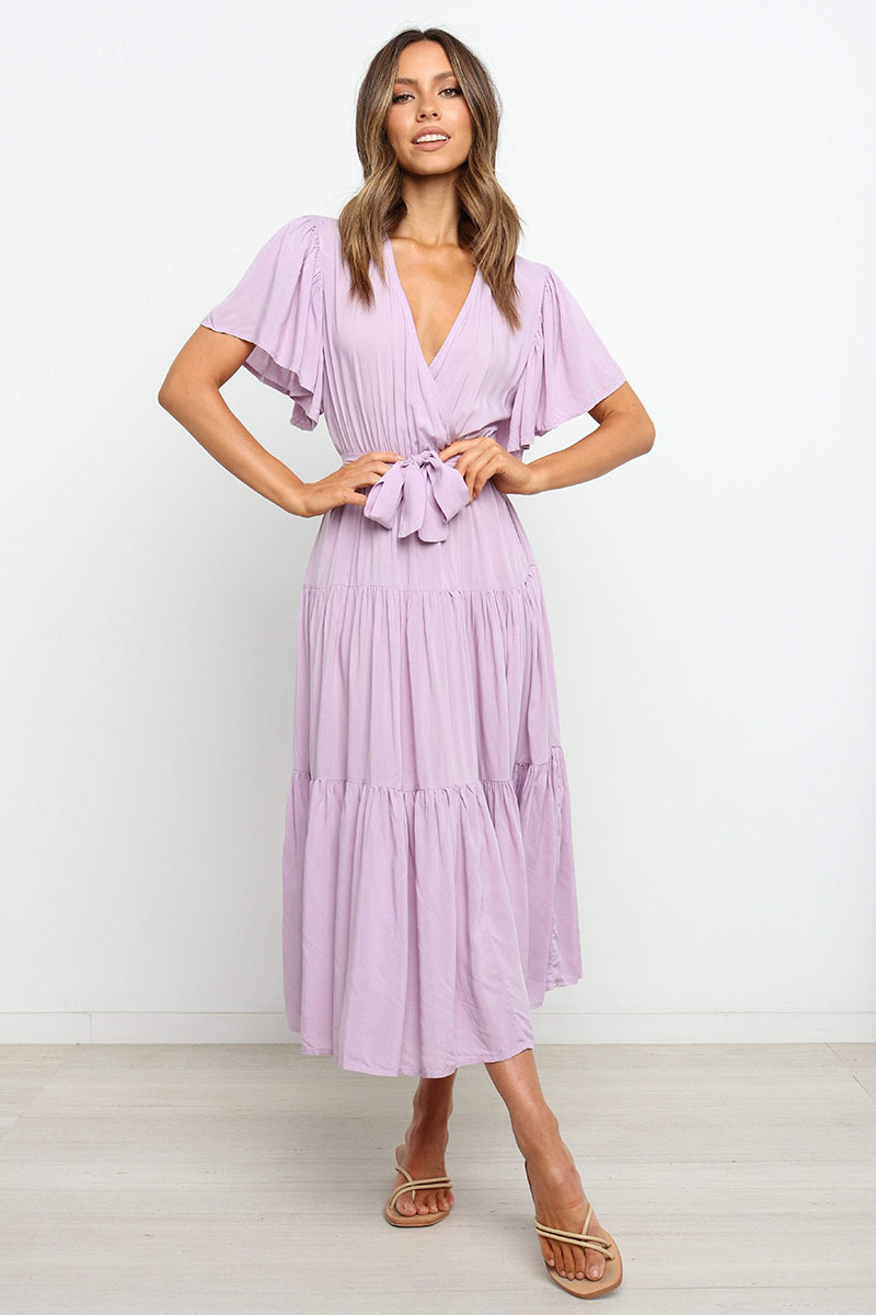 Nihaostyles clothing wholesale v-neck hot style solid color short-sleeved long dress NSOUY65678