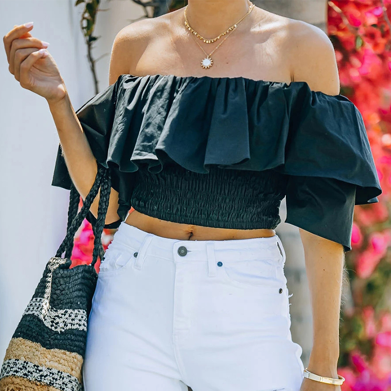 nihaostyle clothing wholesale new one-neck ruffled high-waist blouse NSOUY67472
