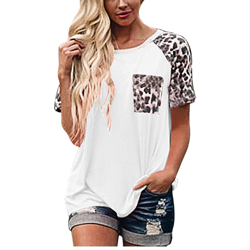 Round Neck Leopard Print Stitching Short-Sleeved T-Shirt NSYID67480