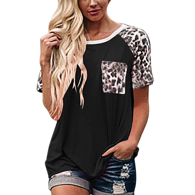 Round Neck Leopard Print Stitching Short-Sleeved T-Shirt NSYID67480
