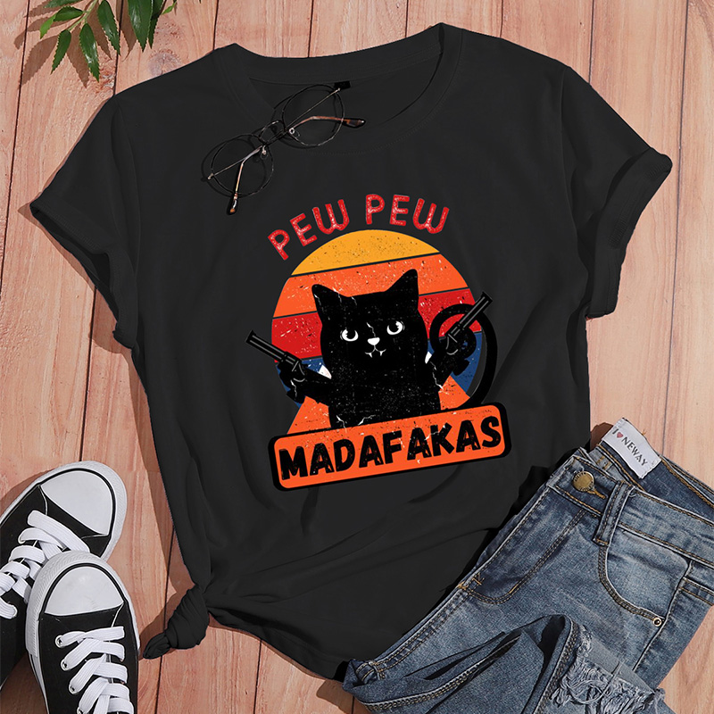 Dibujos animados gato negro estampado en inglés camiseta casual de manga corta al por mayor vendedor de ropa Nihaostyles NSYAY68755