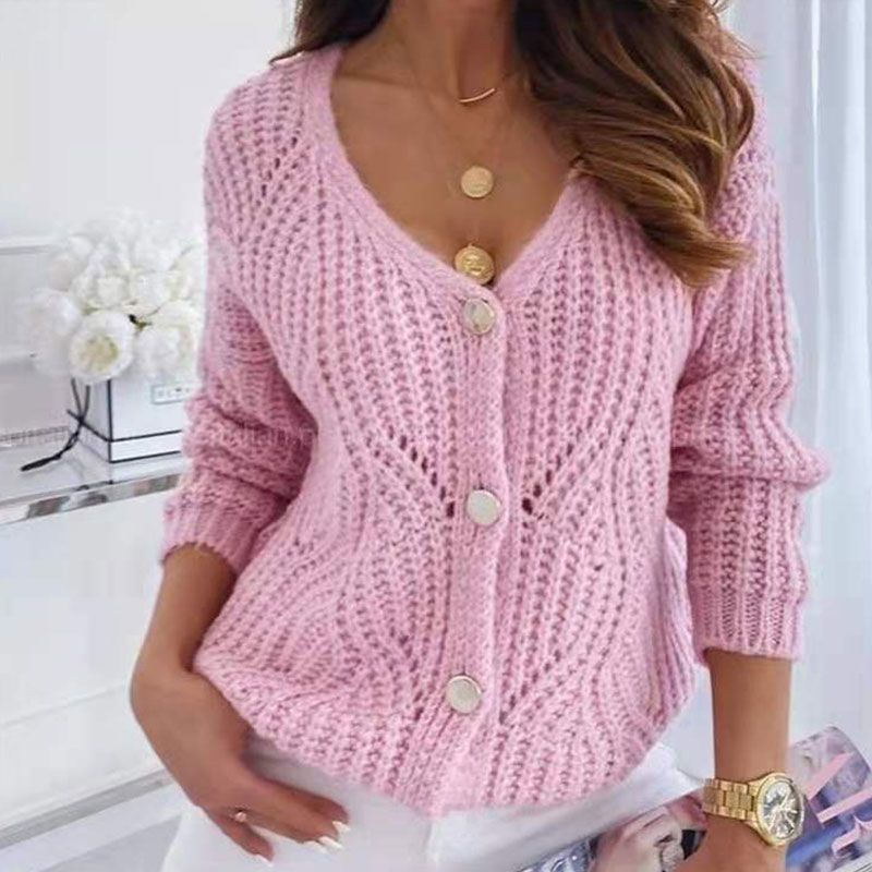 Retro V-Neck Loose Hollow Long Sleeve Knitted Sweater Cardigan NSJIM68835