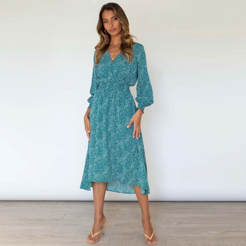 Fall new style V-neck long-sleeved printed dress nihaostyle clothing wholesale NSJC68971