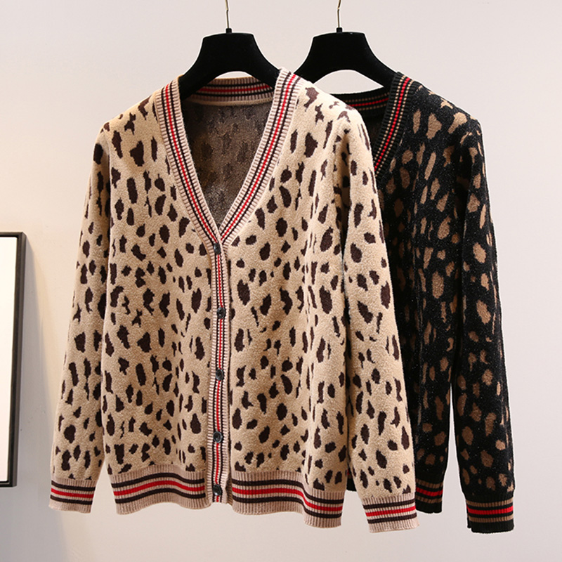 Women s V-neck loose leopard print knitted cardigan nihaostyle clothing wholesale NSYAY69335