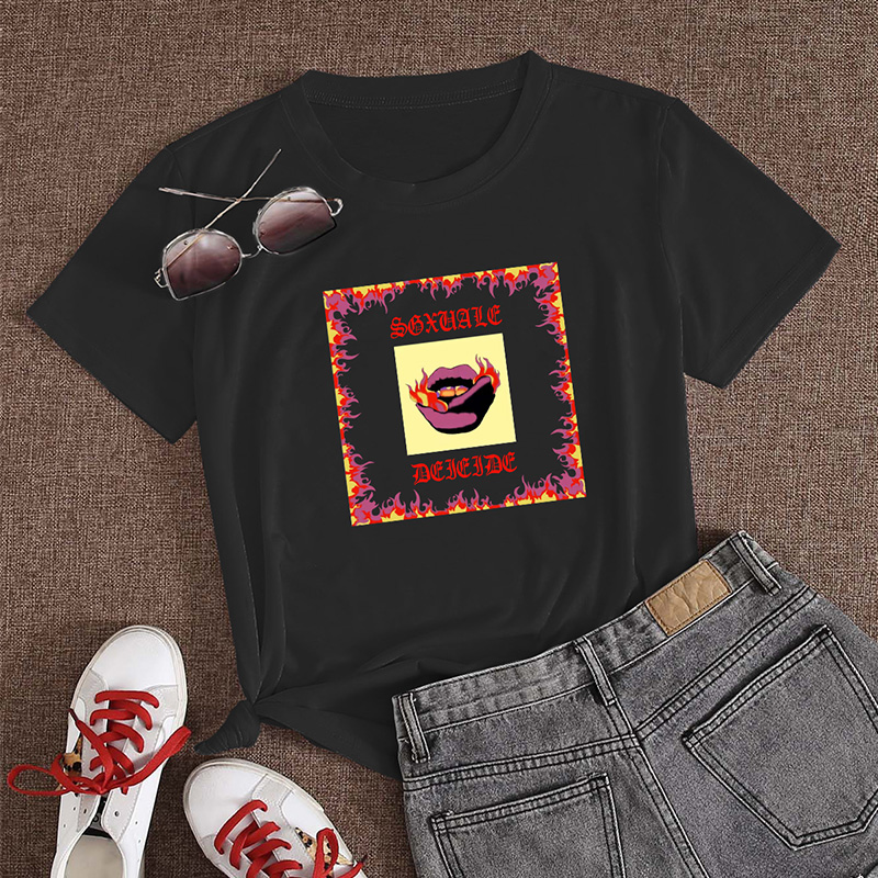 Creative flame lips print casual short-sleeved T-shirt nihaostyle clothing wholesale NSYAY70011