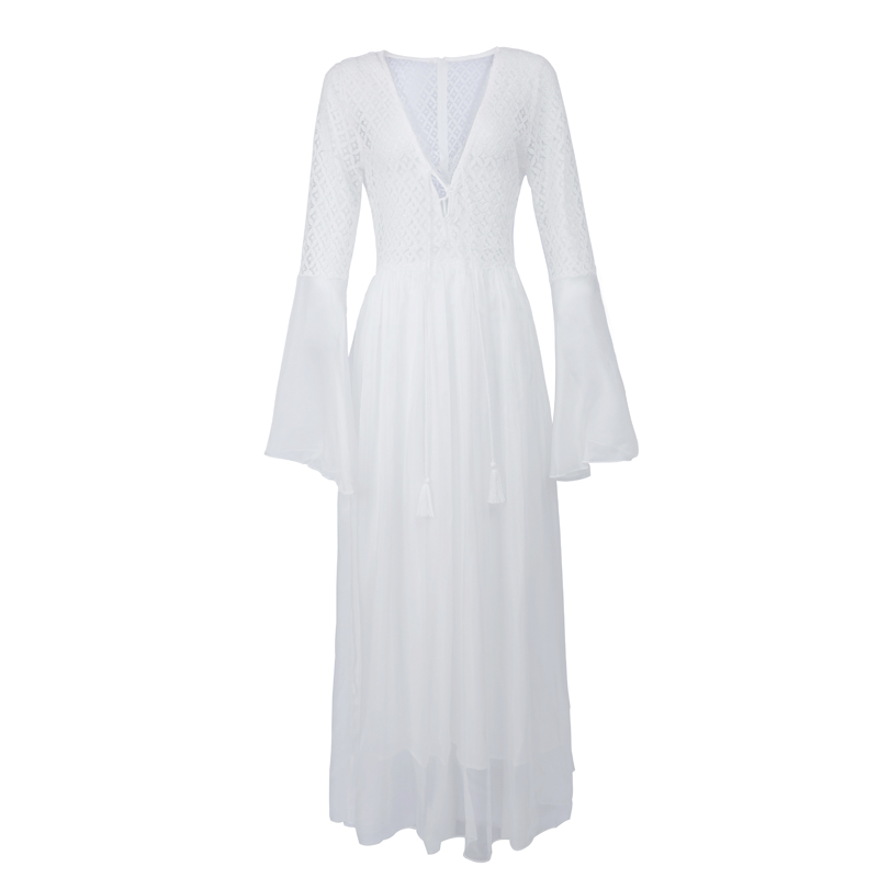 wholesale women s clothing Nihaostyles lace stitching deep V-neck flared sleeve waist long dress NSXIA66148