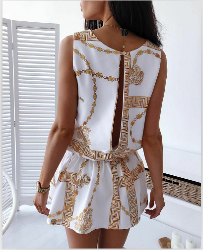 nihaostyle clothing wholesale chain print round neck waist dress NSOUY66549