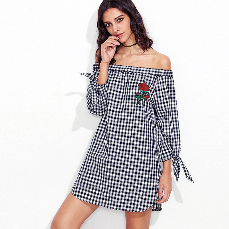 plaid one-line collar off-shoulder long-sleeved dress Nihaostyles wholesale clothing vendor NSXIA73192