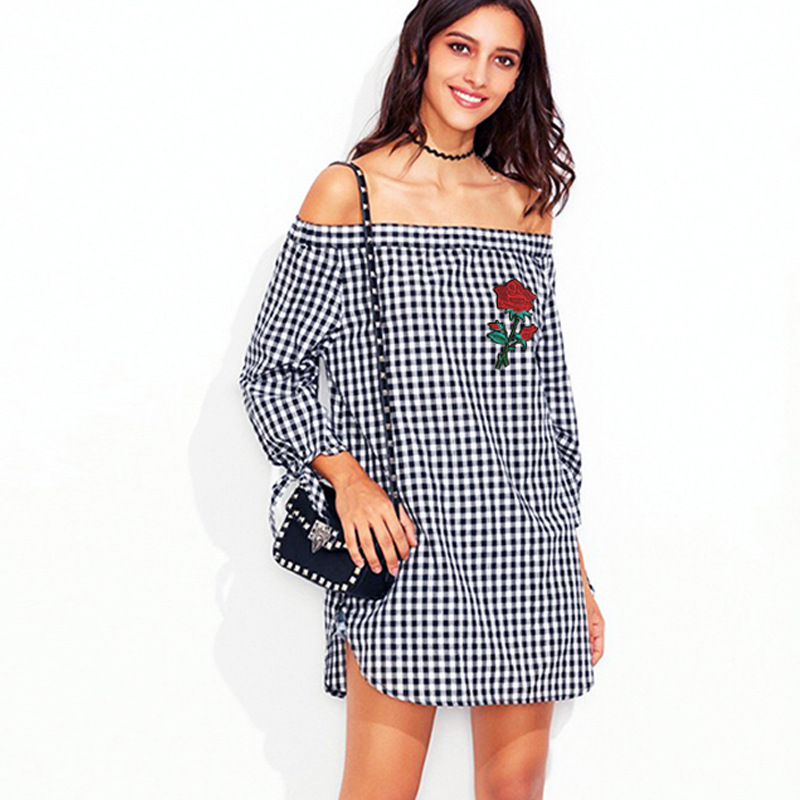 plaid one-line collar off-shoulder long-sleeved dress Nihaostyles wholesale clothing vendor NSXIA73192