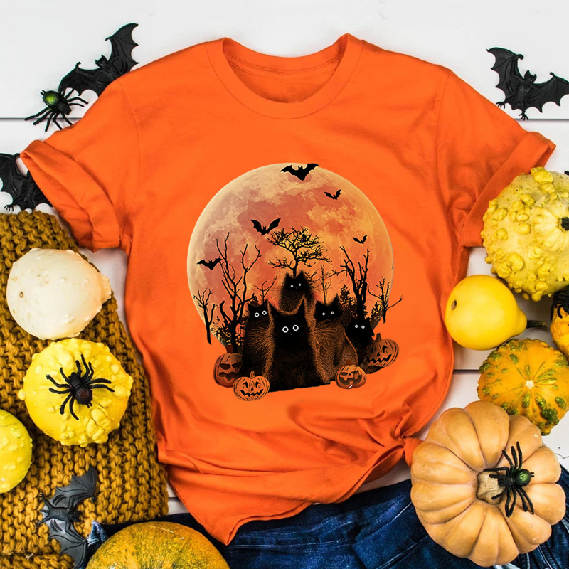 Halloween Bat Cat Printed Short-Sleeved T-Shirt NSYAY75816