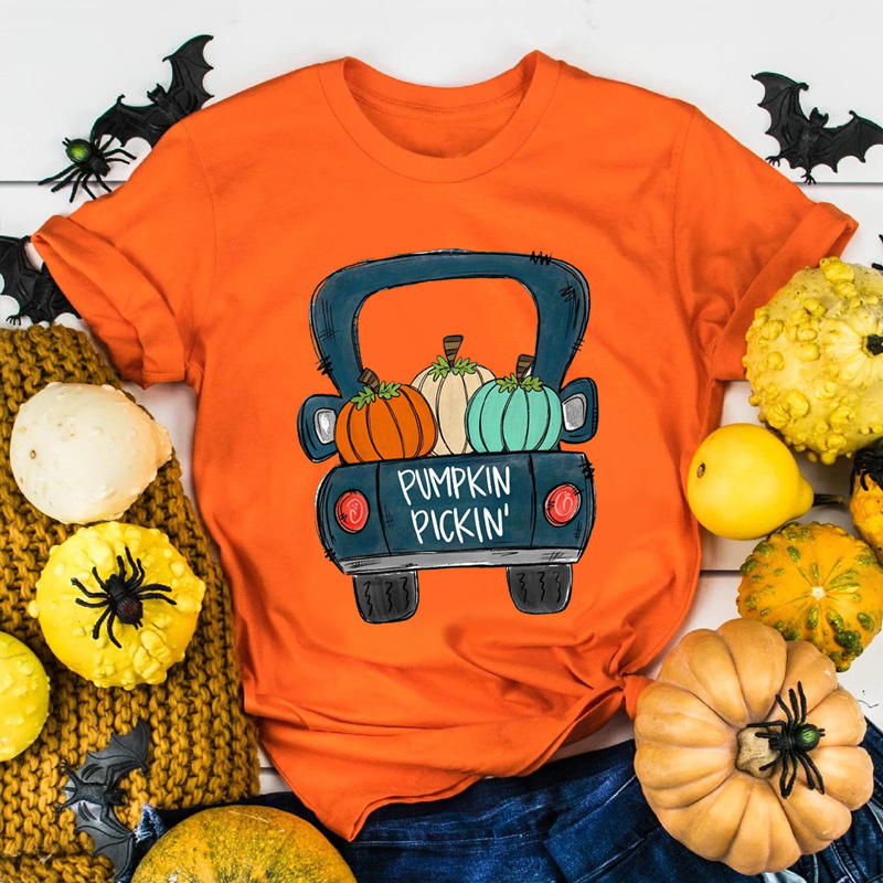 Camiseta de manga corta con estampado de camión de calabaza de Halloween nihaostyles ropa al por mayor NSYAY76959