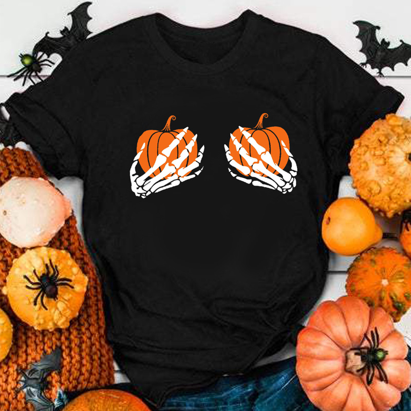 Halloween Skull Pumpkin Print Short Sleeve T-Shirt NSYAY76943