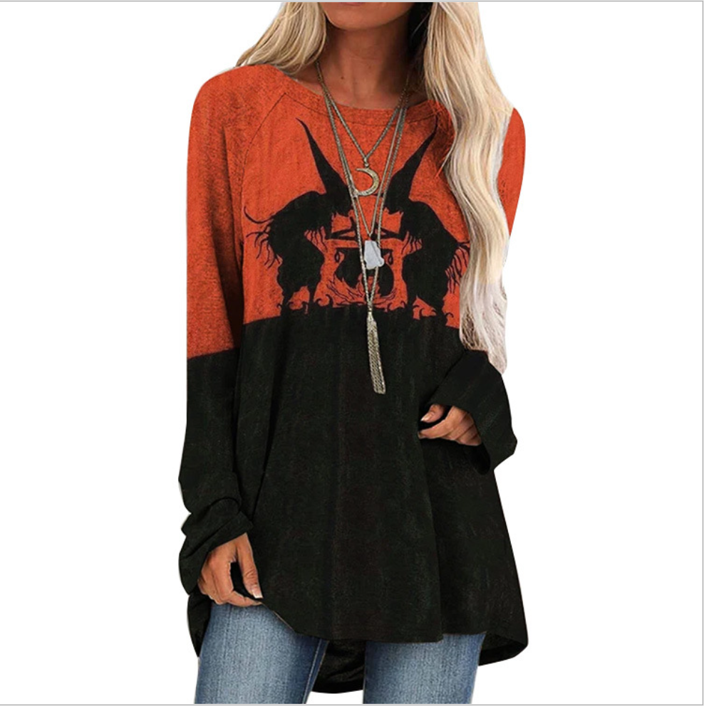 Halloween women s round neck long-sleeved print stitching tops autumn and winter nihaostyles wholesale halloween costumes  NSYIS79339