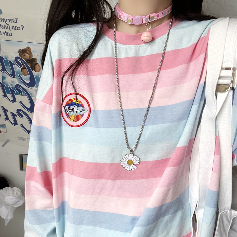 autumn women s Rainbow striped long-sleeve t-shirt nihaostyles wholesale clothing NSYID80892