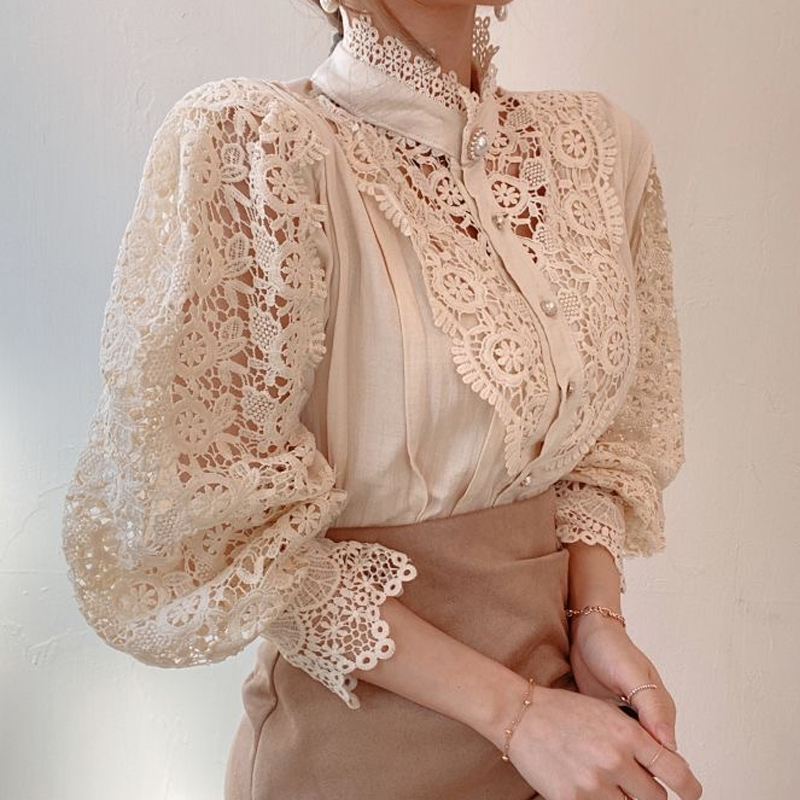 Hollow Flower Lace Stitching Stand-Up Collar Shirt NSYID80890