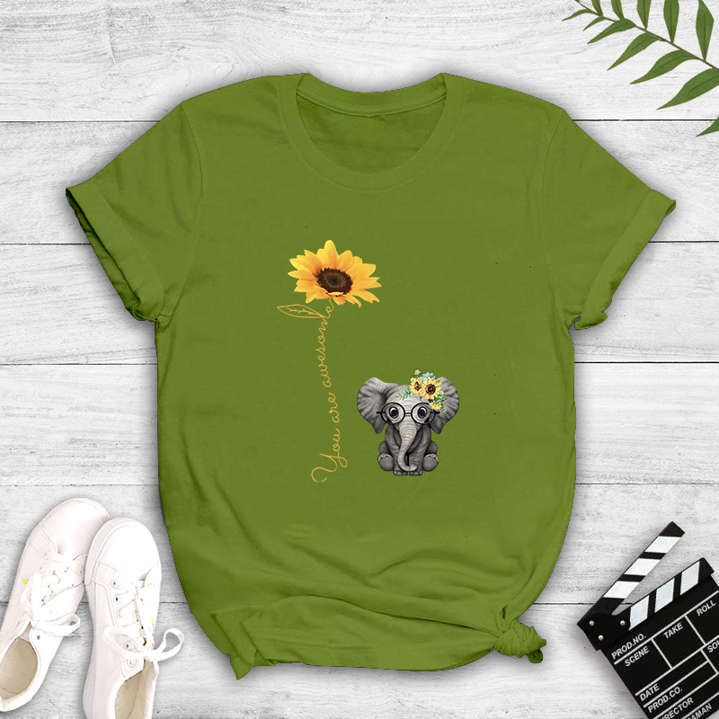 Cartoon Elephant Sunflower English Print T-Shirt NSYAY81303