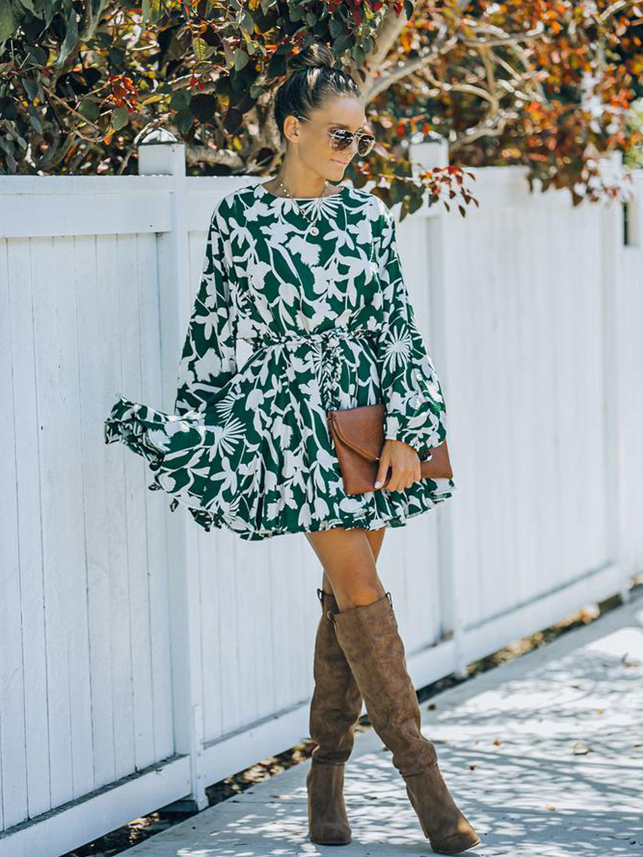 Printed Round Neck Long-Sleeved Dress NSXIA81280