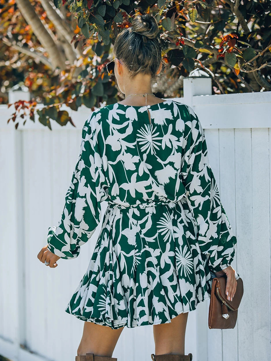Printed Round Neck Long-Sleeved Dress NSXIA81280