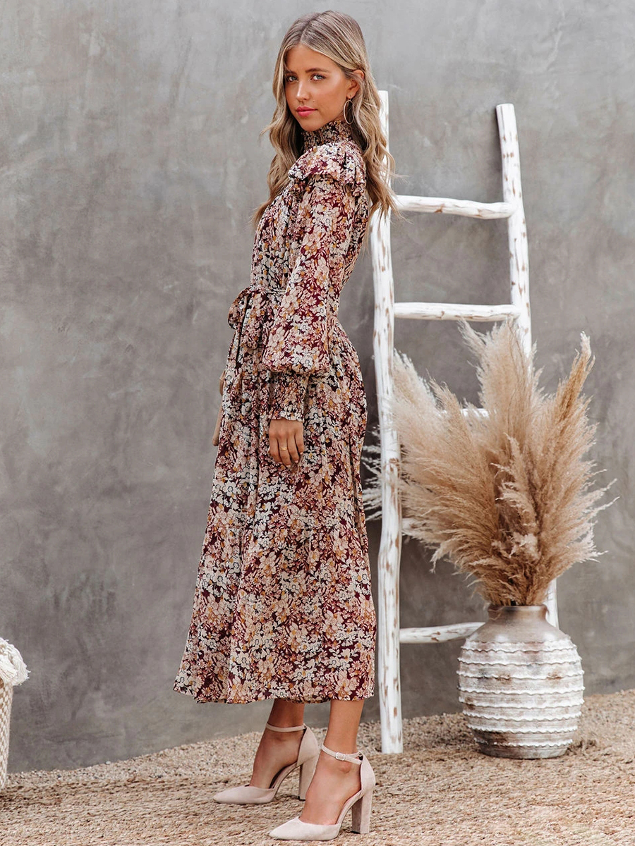 Pleated High-Necked Floral Print Long-Sleeved Dress NSXIA81277