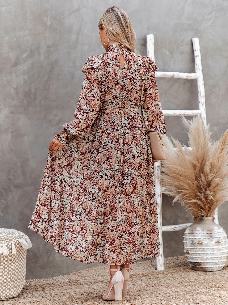 Pleated High-Necked Floral Print Long-Sleeved Dress NSXIA81277