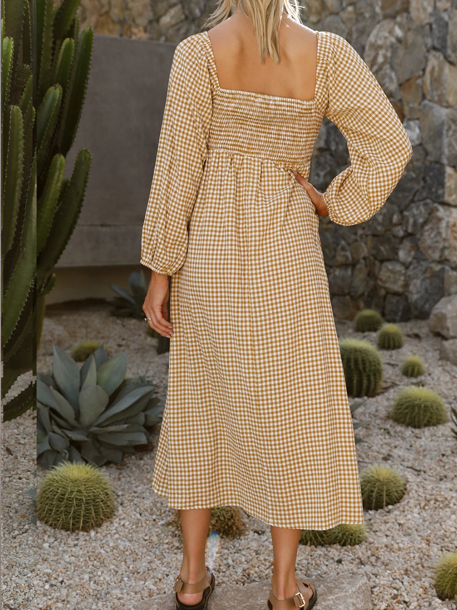 square-neck plaid long-sleeved dress nihaostyles wholesale clothing NSXIA83172