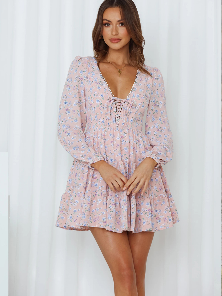 V-Neck Long-Sleeved Lace-Up Floral Dress NSXIA83171