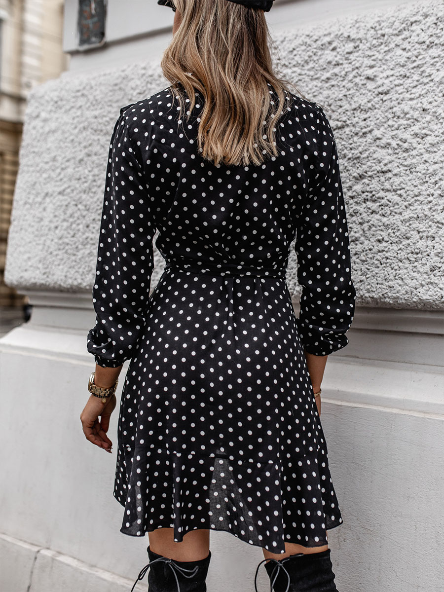 V-neck slim lace-up polka-dot long-sleeved dress nihaostyles wholesale clothing NSXIA83256