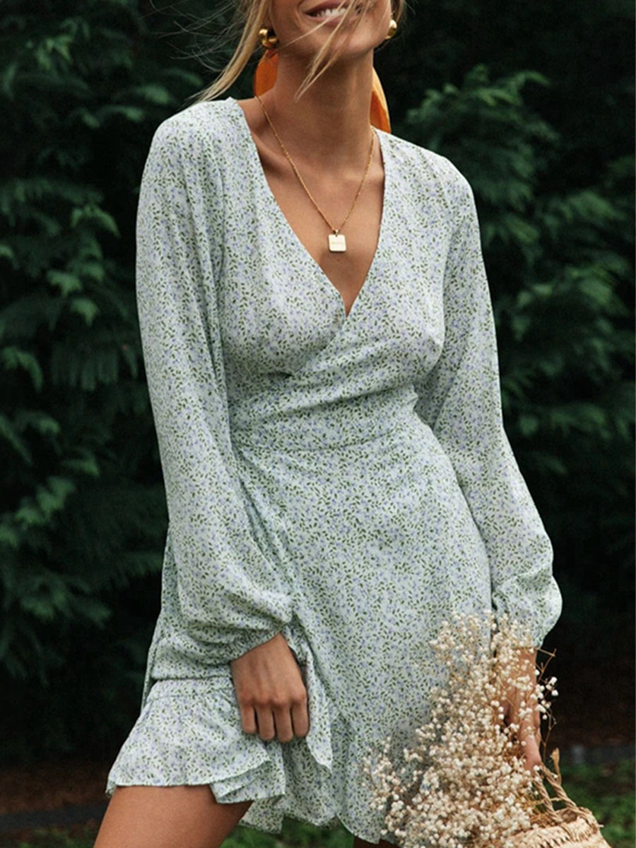 v-neck ruffled long-sleeved floral dress nihaostyles wholesale clothing NSXIA83224