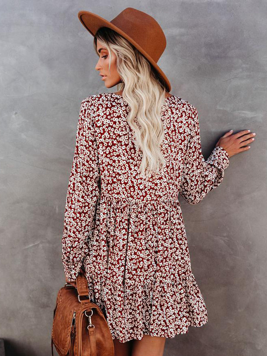 v-neck floral print long-sleeved dress nihaostyles wholesale clothing NSXIA83211