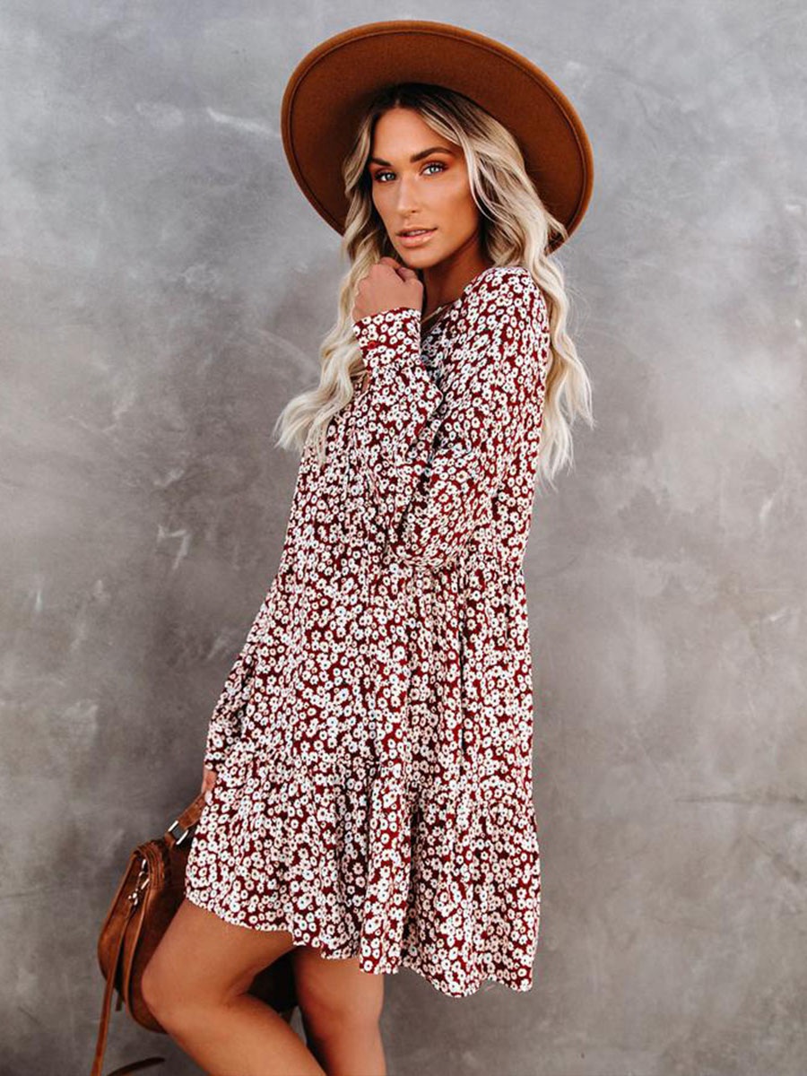 v-neck floral print long-sleeved dress nihaostyles wholesale clothing NSXIA83211