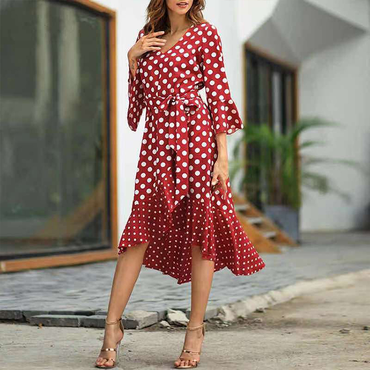 V-neck polka dot stitching ruffled dress nihaostyles wholesale clothing NSXIA83179