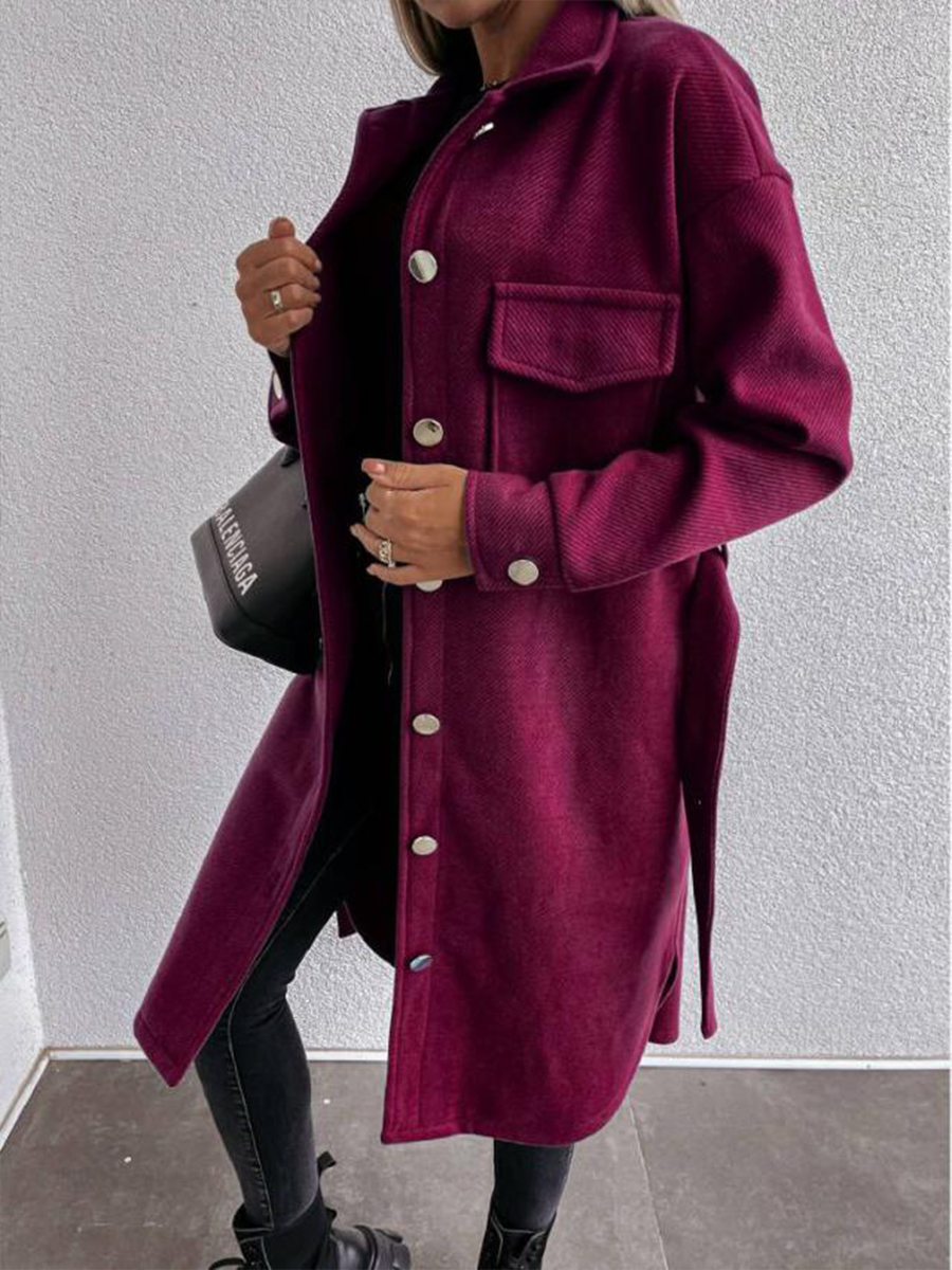 Solid Color Lace-Up Single-Breasted Long-Sleeved Woolen Coat NSXIA83535