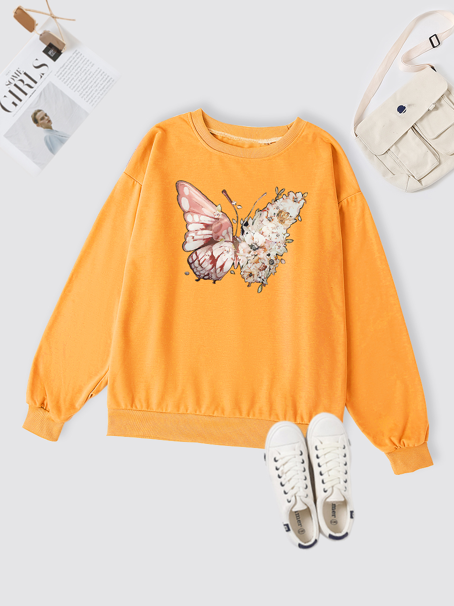 Round Neck Long Sleeve Loose Flower Butterfly Print Sweatshirt NSSYD115299