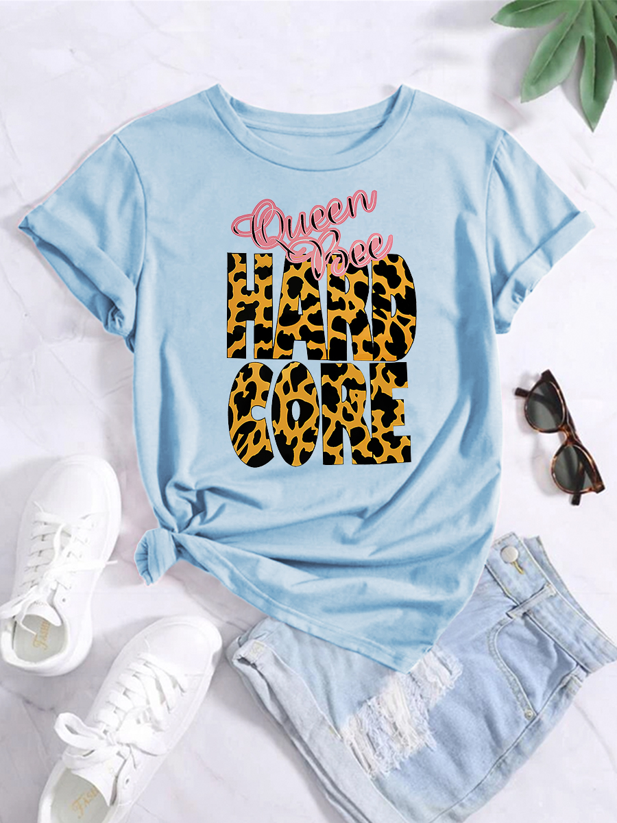 Loose Round Neck Short Sleeve Letter Leopard Print T-Shirt NSSYD115543