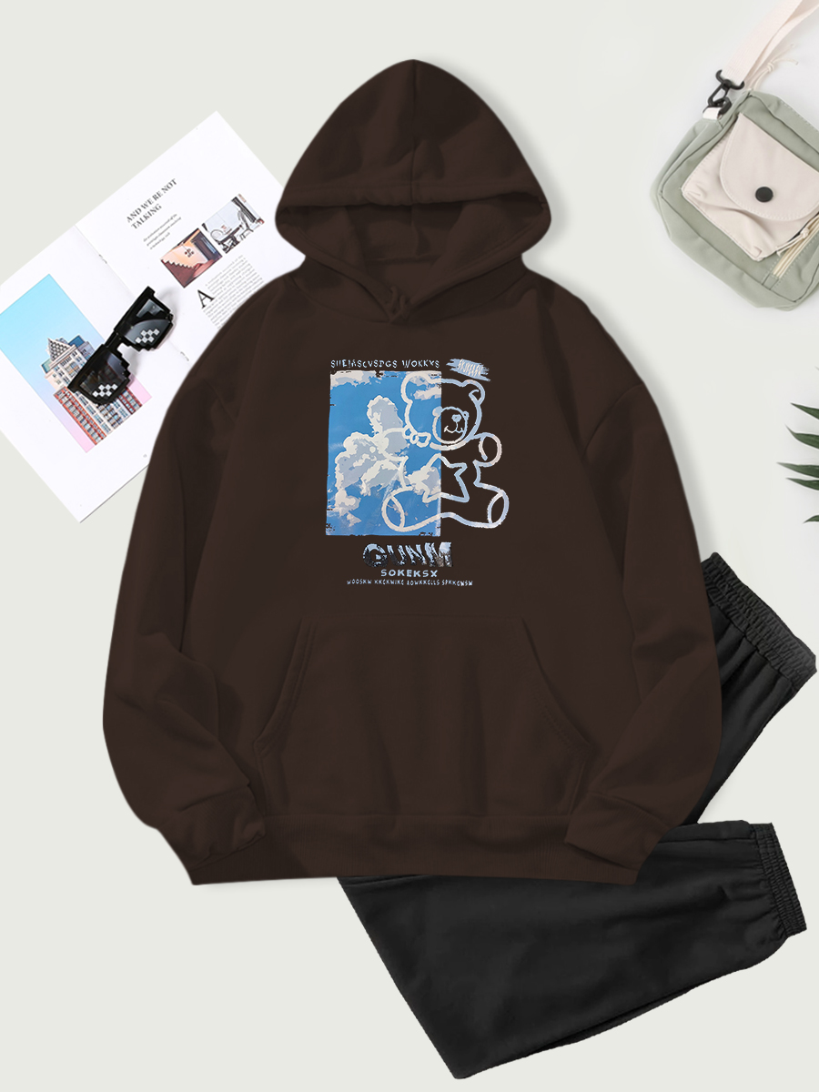 Long Sleeve Pocket Hooded Sky Bear Print Fleece Sweatshirt NSSYD115324