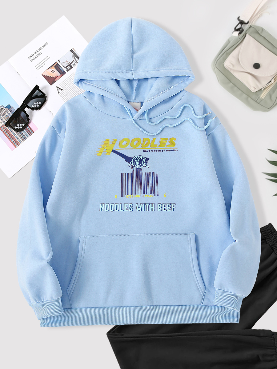 Long Sleeve Pocket Hooded Noodle Barcode Print Fleece Sweatshirt NSSYD115536