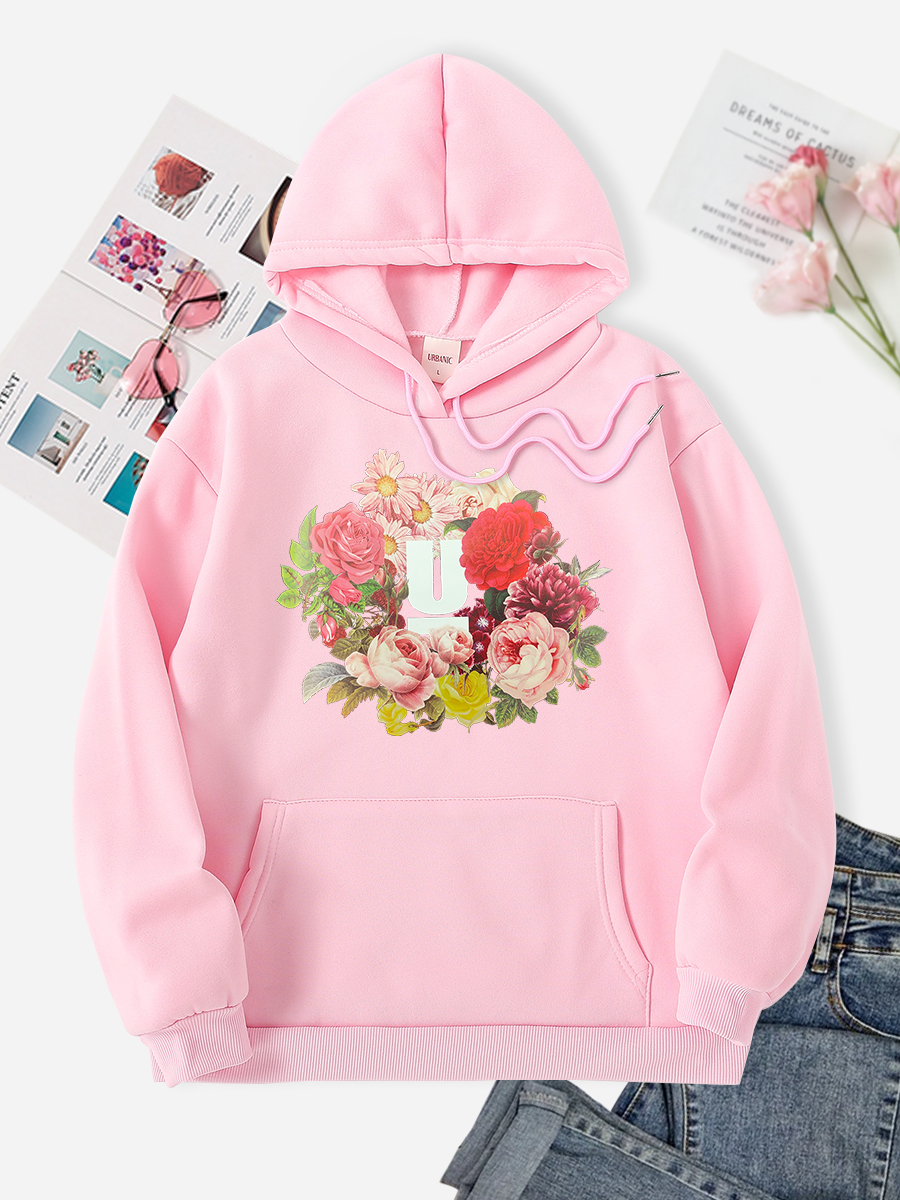 Floral-Print Fleece Warm Pocket Long-Sleeve Hoodie NSSYD115346