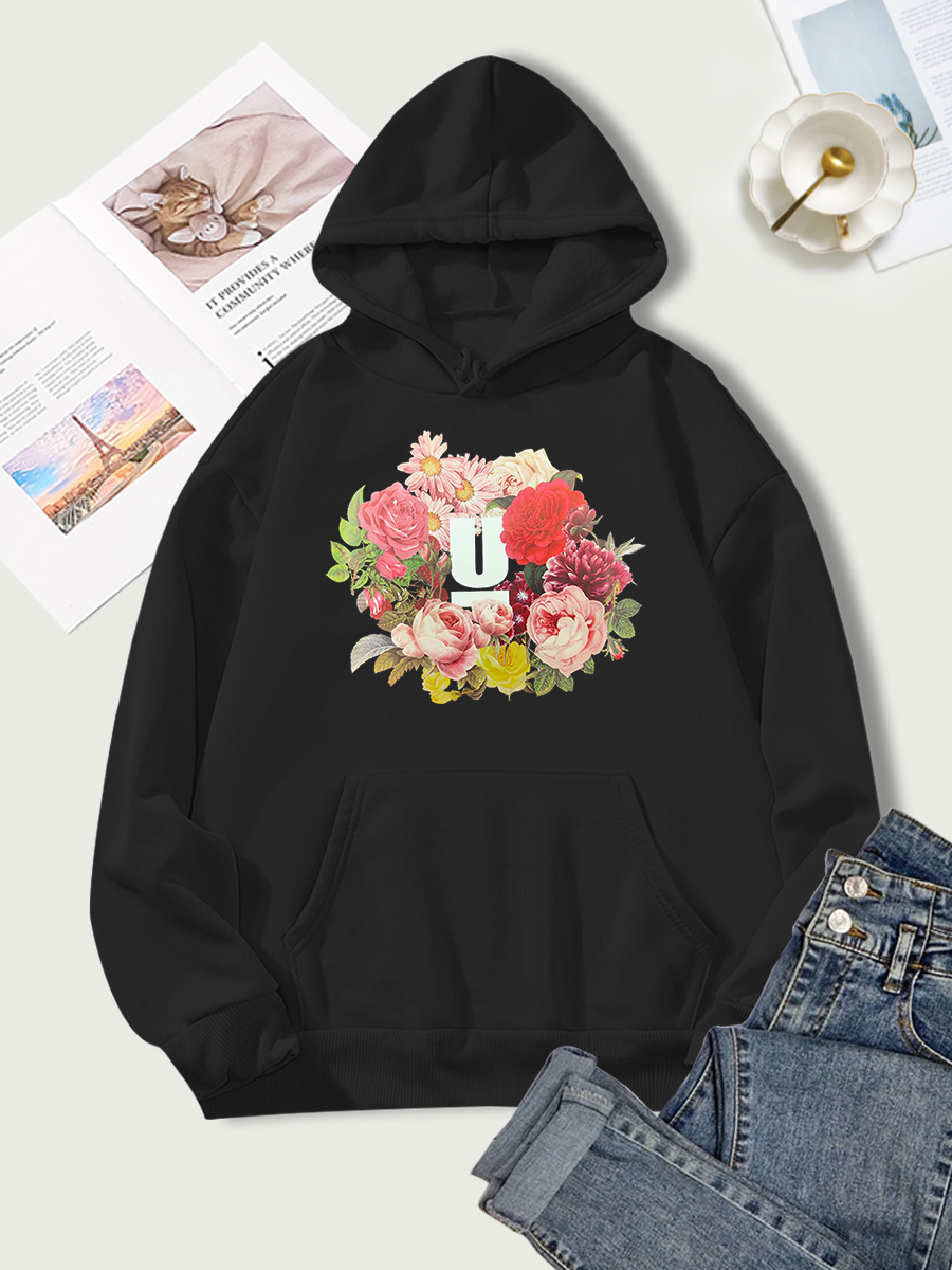 Floral-Print Fleece Warm Pocket Long-Sleeve Hoodie NSSYD115346