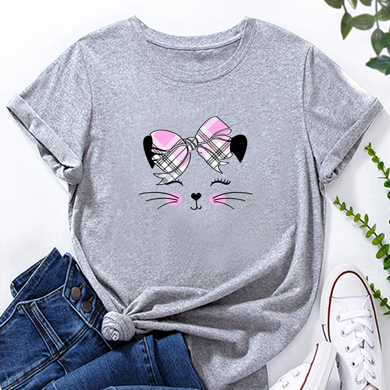 Cat Bow Print Loose T-Shirt NSYAY115428