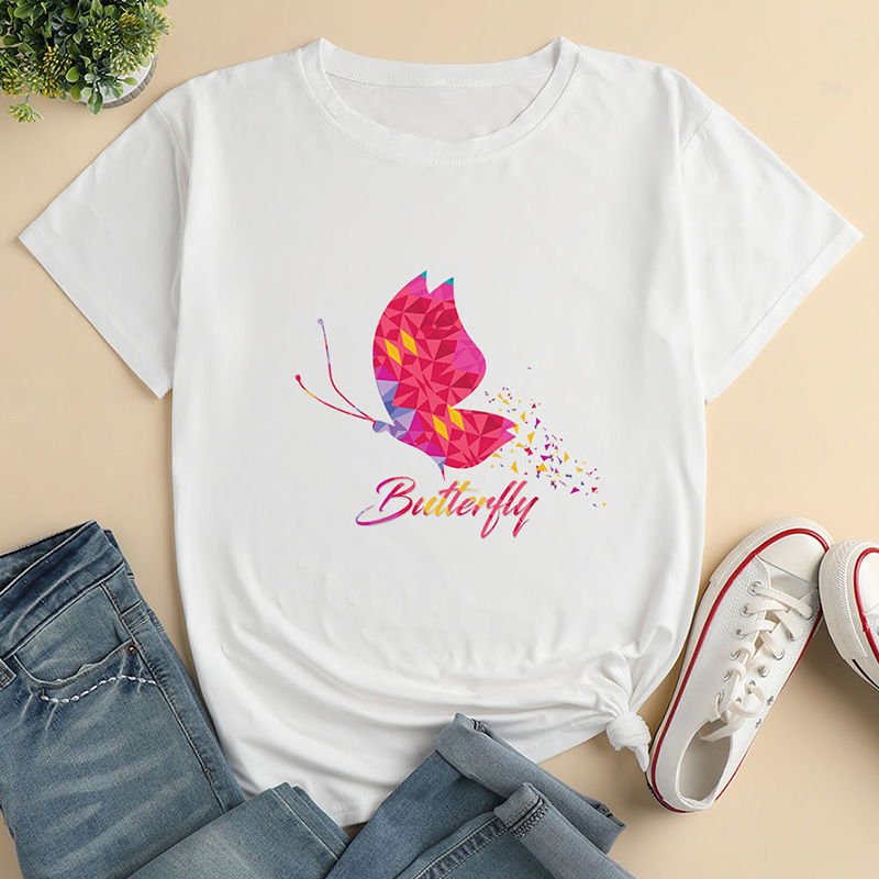 Camiseta holgada de manga corta con estampado geométrico de mariposas NSYAY115575