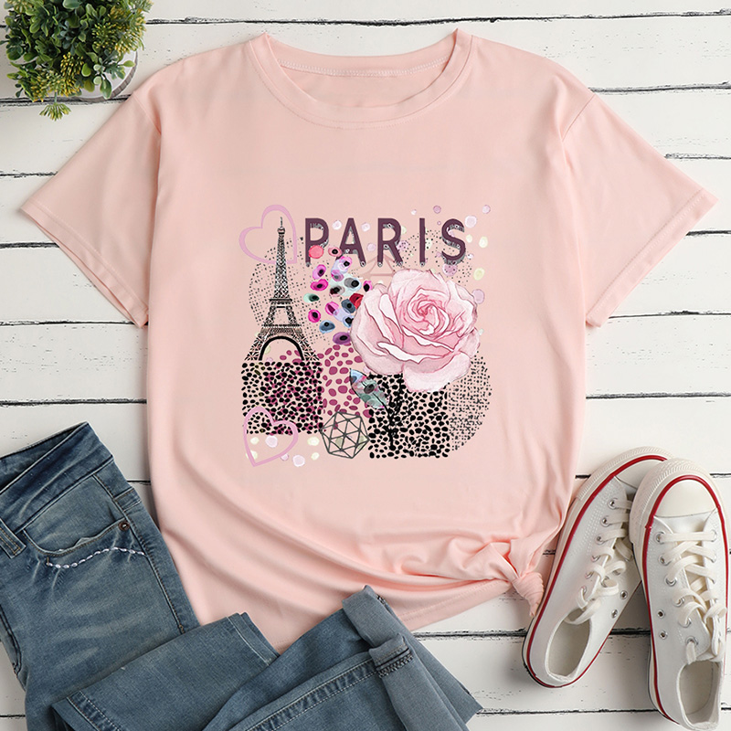 Camiseta suelta de manga corta con estampado floral de la Torre Eiffel NSYAY115566