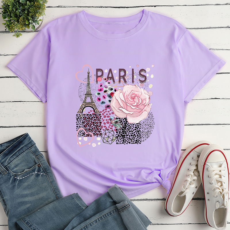Eiffel Tower Flower Print Loose Short-Sleeved T-Shirt NSYAY115566