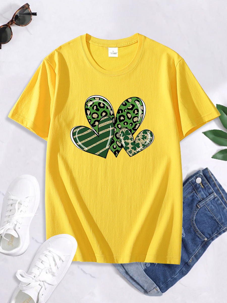 St. Patrick S Day Green Shamrock Heart Print Short Sleeve T-Shirt NSSYD116356