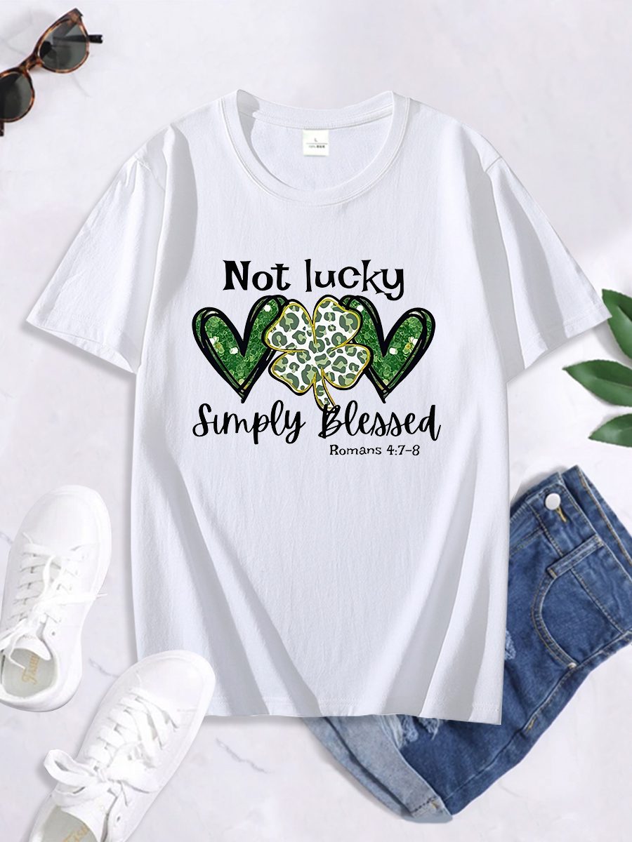 St. Patrick S Day Green Love Four Leaf Clover Letter Print Short Sleeve T-Shirt NSSYD116354
