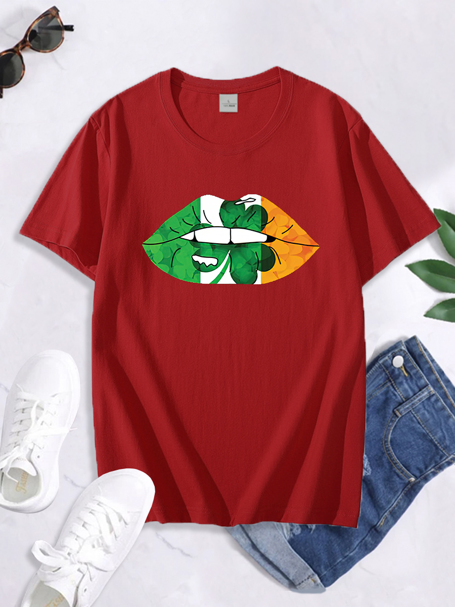 St. Patrick S Day Green Lucky Clover Lip Print Short Sleeve T-Shirt NSSYD115936