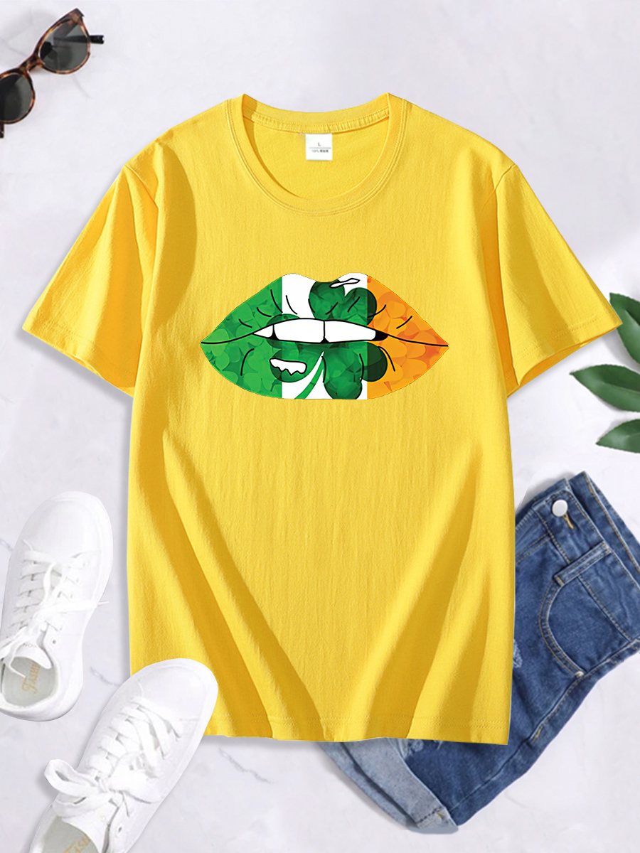 St. Patrick S Day Green Lucky Clover Lip Print Short Sleeve T-Shirt NSSYD115936